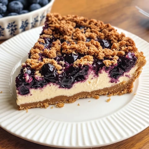 A slice of blueberry crumble cheesecake on a white plate.
