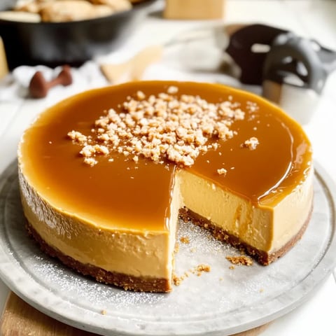 A slice of creamy caramel cheesecake.