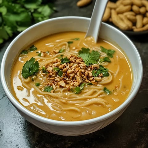 A bowl of soup with noodles, peanuts, and vegetables.