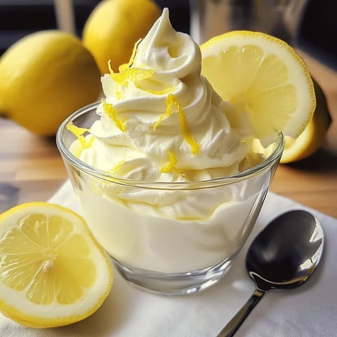 A bowl of lemon mousse with a spoon.