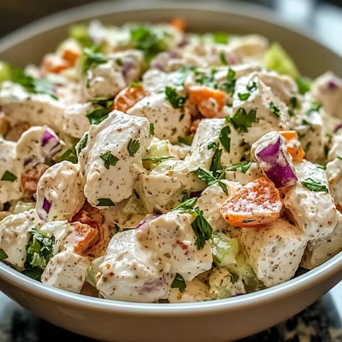 A bowl of chicken salad with vegetables.