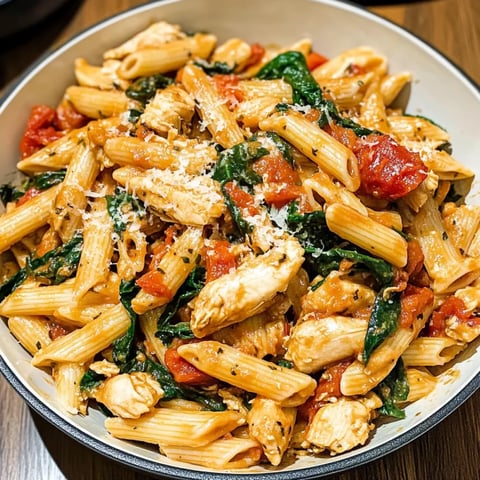 A bowl of pasta with tomatoes and spinach.