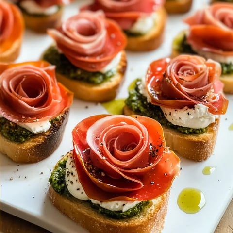 A plate of crostini with tomato, pesto, ricotta, and prosciutto roses.