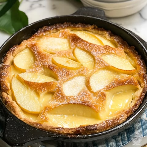 A pear custard pie in a pan.