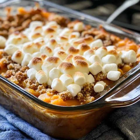 A dish of sweet potato casserole with marshmallows.