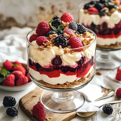 A glass bowl filled with a berry and cream dessert.