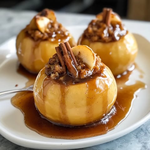 Three baked stuffed apples with cinnamon honey sauce.