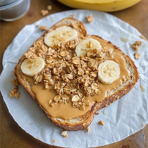 A slice of toast with peanut butter, bananas, and granola.
