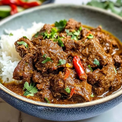 A bowl of beef rendang with rice and peppers.
