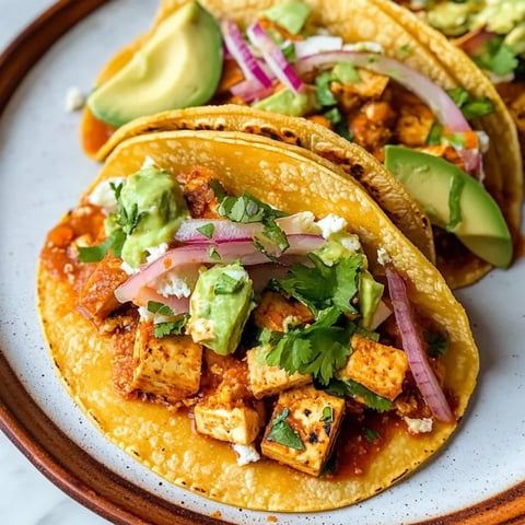 A plate of tofu tacos with various toppings.
