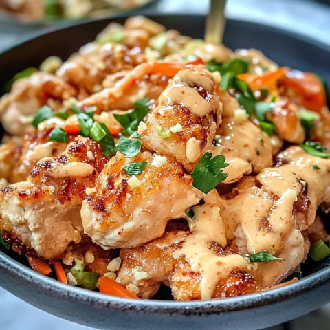 A bowl of chicken with sauce and vegetables.