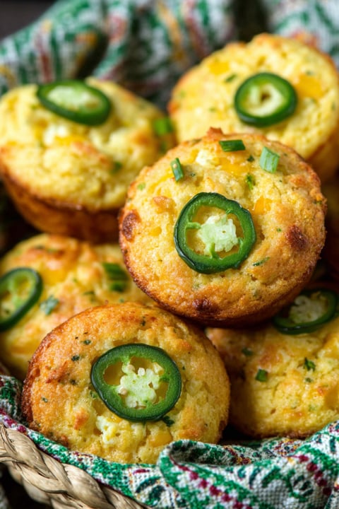 A stack of muffins with jalapenos on top.