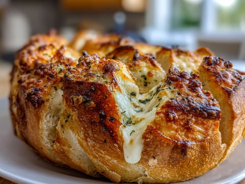 A cheesy bread with a green topping.